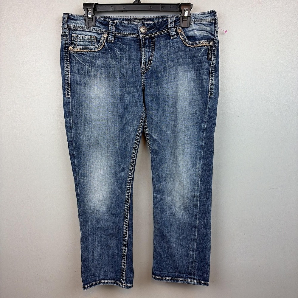 Silver Jeans Co Suki Cropped Jeans Womens 31x25 Medium Wash Blue Distressed‎